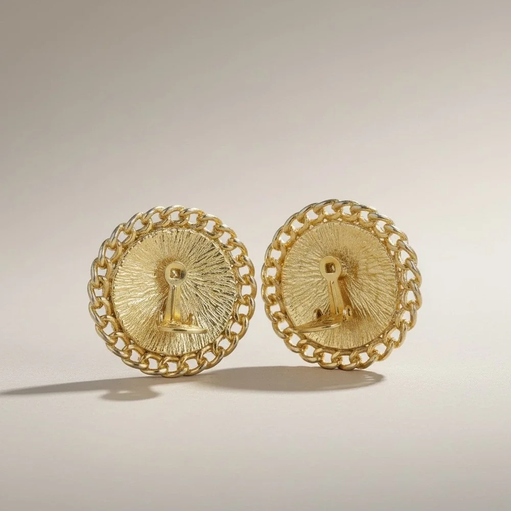 Vintage Gold Tone Faux Pearl Clip‎ On Earrings Large Round Statement Earrings